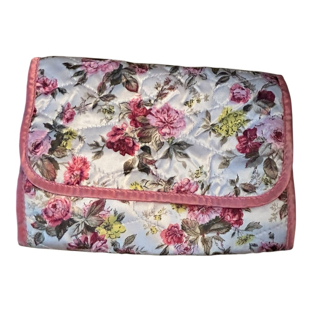 VTG Women's Fold Over Floral Satin Travel Case 6 Compartments Pink White READ